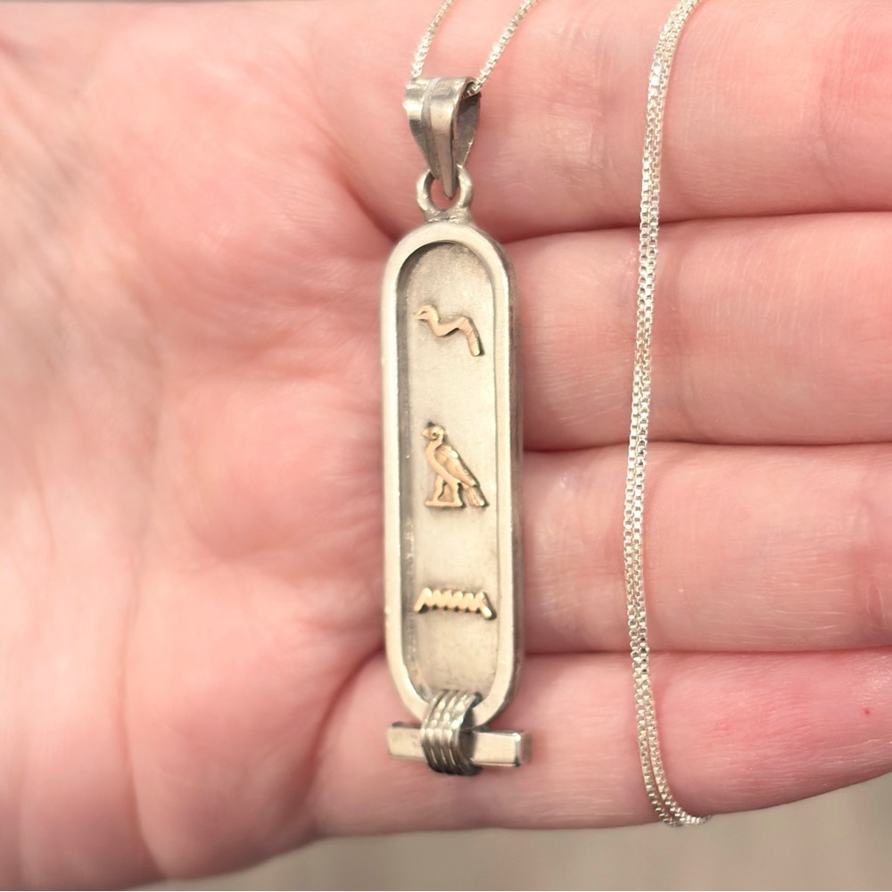 Vintage Sterling 14K Egyptian Cartouche Necklace Double Sided Hieroglyphics - Picture 8 of 16